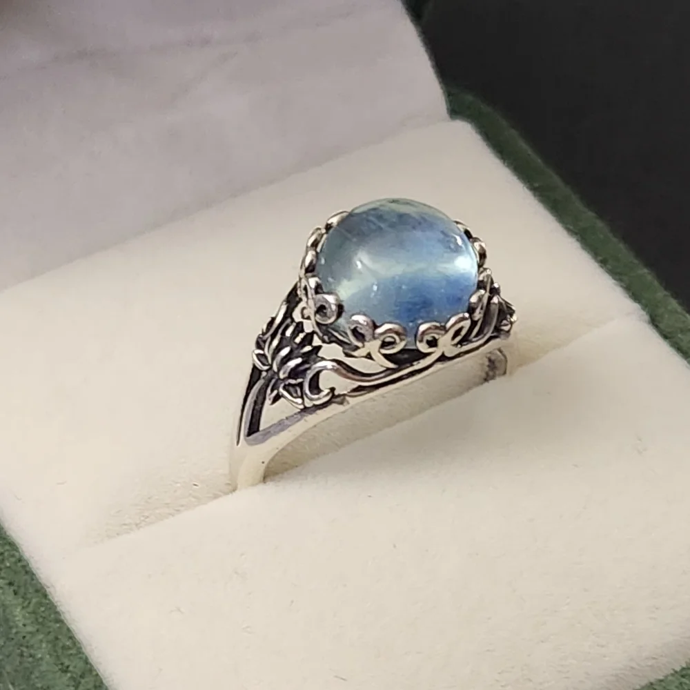 S925 Aquamarine Ring Round Stone Adjustable Band March Pisces ♓️